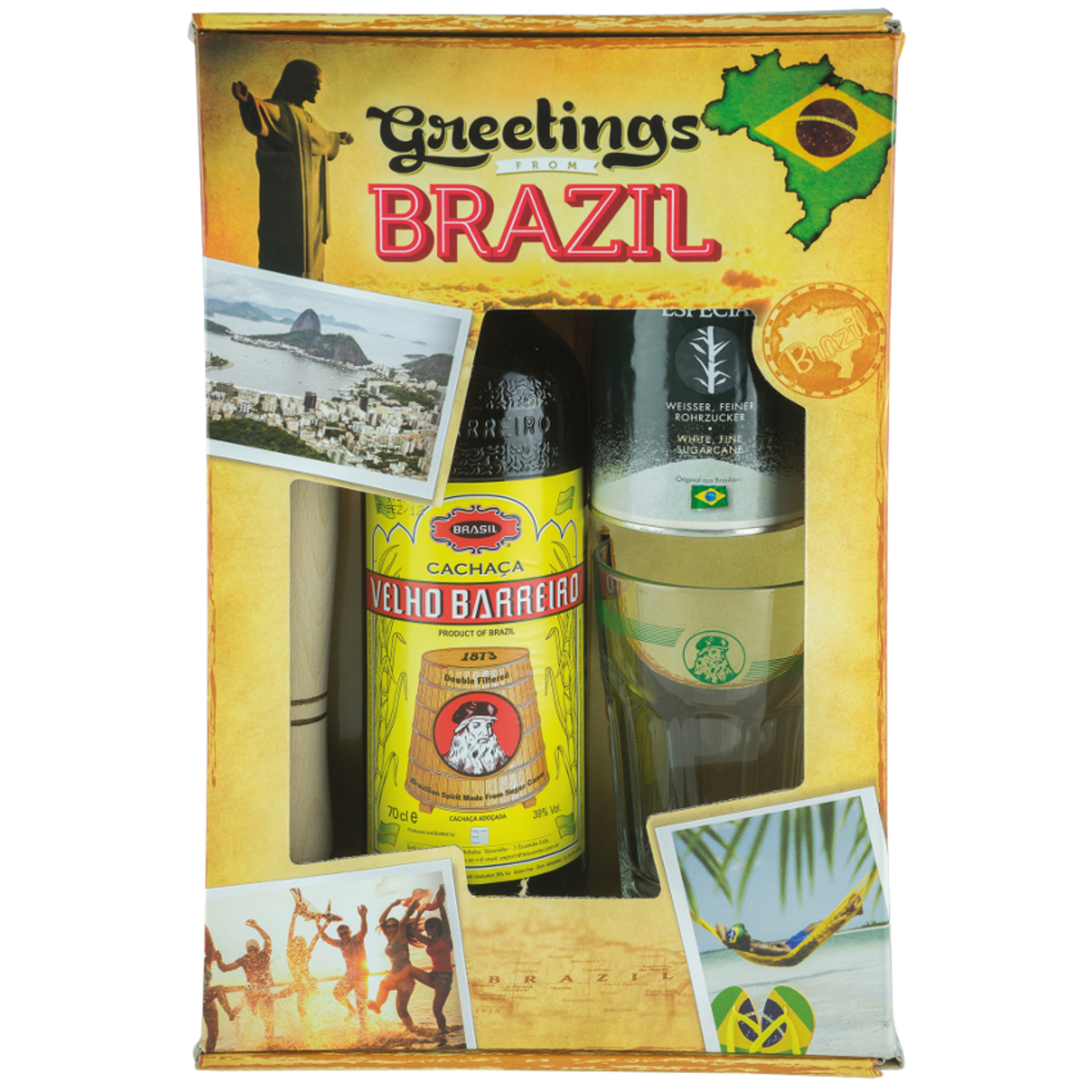 Velho Barreira "Greetings from Brazil" mit Stößel, Glas, Rohrzucker 0,7l 39%vol.